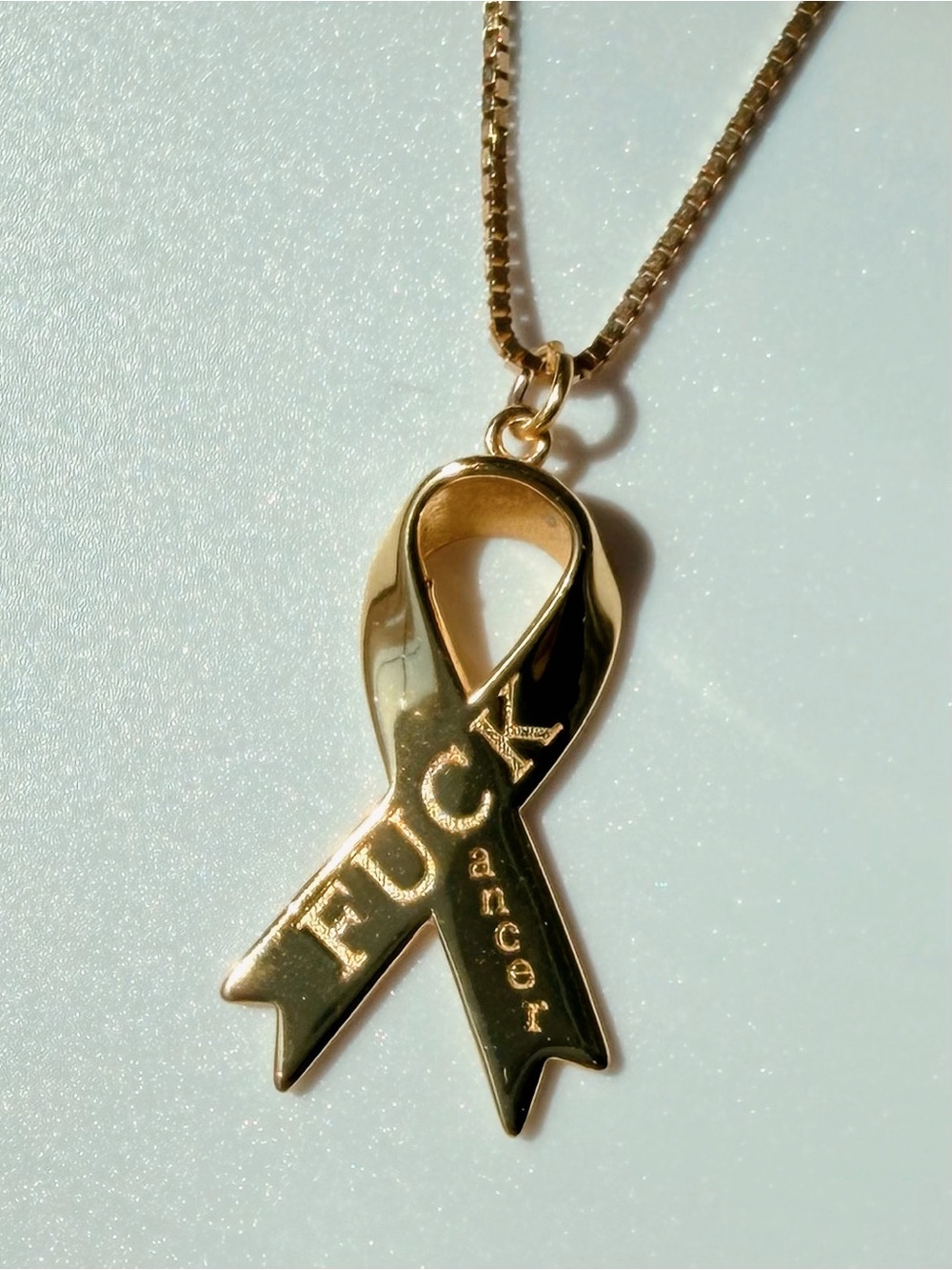 Gold Ribbon Pendant Necklace - 'F@&k cancer' FINE vermeil (s925/18k plated)